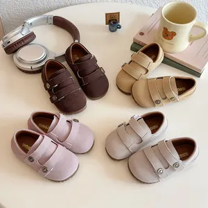 Scarpe Casual in PU per Ragazze Stile Coreano Punta Arrotondata Suola Morbida Chiusura a Strappo Scarpe Basse per Bambini Beige Cachi Rosa Marrone Autunno
