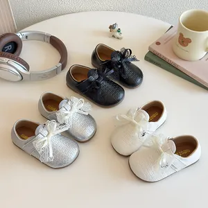 Girls Sweet Princess Shoes Lace Bow Mary Jane Flats Soft PU Leather Woven Texture Hook And Loop Party Daily Shoes