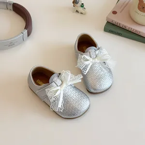 Silver girls princess shoes with lace bow and woven texture for autumn outfits