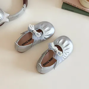 Silver girls princess flat shoes with pearl bow detail for kids spring and autumn wear