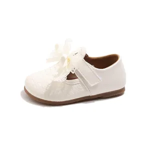 White girls princess shoes with lace bow and woven texture on non-slip rubber sole