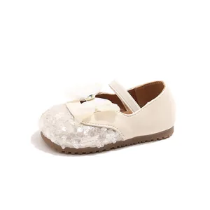 Girls' Mary Jane princess shoes in beige featuring sparkling sequins and mesh bowknot