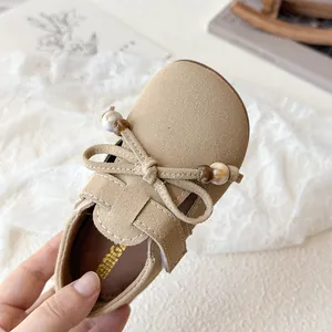 Girls camel suede Mary Jane shoes with bow decoration and stylish pearl beads