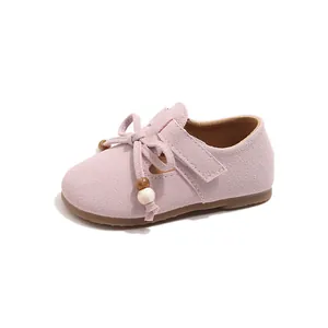 Pink suede girls' princess shoes with bow and velcro strap for spring fashion