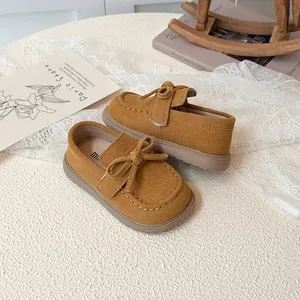 Girl's caramel matte leather bow shoes with thick rubber soles for casual wear