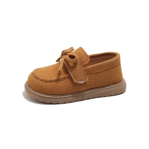 Toddler girls brown suede loafers with bow detail and durable non-slip rubber soles