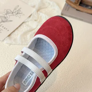 Chaussures Mary Jane rouges pour filles en suédine avec brides blanches élastiques