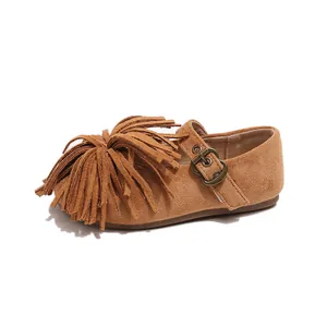 Chaussures Mary Jane en daim marron pour filles avec franges et boucle en métal