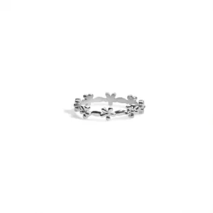 Close-up of silver floral wreath ring with delicate continuous daisy petal patterns