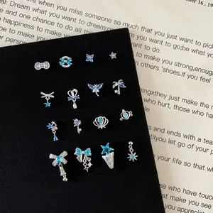 Minimalist Blue Zircon Bow Star Ear Bone Stud For Women 925 Sterling Silver Earring Post Alloy Piercing Jewelry Accessories