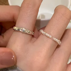 Anello stella inciso argento con set di anelli in perle e cristallo per donna