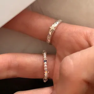 Anello Aperto in Argento Sterling S925 con Rilievo a Stella e Anello di Perline Fatto a Mano Elegante Vintage Gioielli Donna