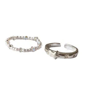 Set di anelli in argento 925 con stella e perle eleganti per donna in stile moderno