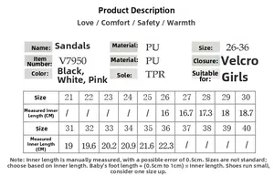 Detailed size chart for girl's sandals showing measurements from size 21 to 40 in CM