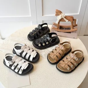 Kids Gladiator Sandals Vintage Roman Style PU Leather Soft Sole Open Toe Summer Beach Shoes With Metal Rivets For Children