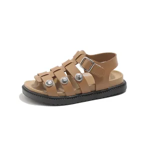 Kids fashion brown leather sandals with vintage silver buckles and soft rubber soles