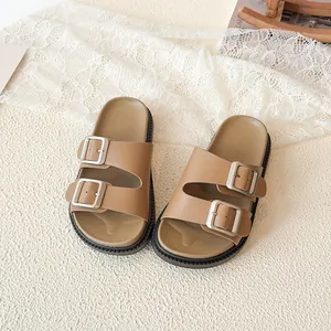 Kids brown hollow double buckle sandals with adjustable silver buckles and thick black sole