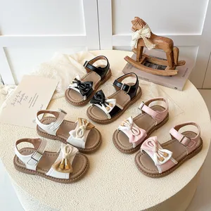 Girls Princess Sandals Bowknot Patchwork Design PU Leather Summer Shoes For Kids Non-Slip Flat Sandals Pink Black White
