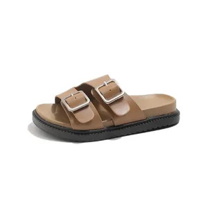 Brown double buckle platform sandals for girls featuring a thick anti-slip black sole