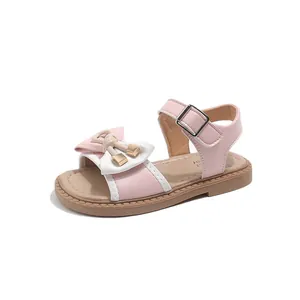 Pink and white girls' princess sandals with double bow and adjustable ankle strap