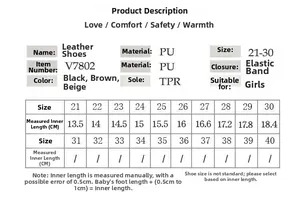 Detailed size chart for girls' loafers showing internal length from size 21 to 30 in CM