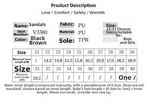 Detailed size chart and technical specifications for kids summer beach sandals V3380