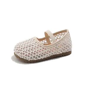 Breathable cream hollow mesh kids flat shoes with brown rubber anti-slip sole