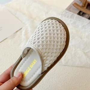 Toddler princess hollow mesh slides for summer with breathable knit upper and flat brown sole
