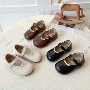 Chaussures Mary Jane à Perles pour Filles en Cuir PU Bout Rond Chaussures de Princesse Avec Scratch pour Petites Filles