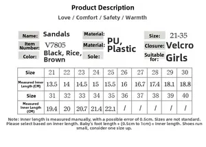 Size chart for girls sandals showing foot length measurements and velcro closure details