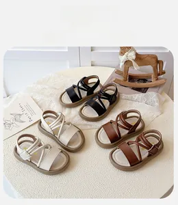 Detailed display of kids summer sandals in black, beige, and brown with cross straps