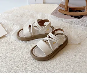 Close-up of beige toddler sandals with Velcro straps and soft brown sole for walking