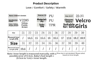Size chart for girls open-toe summer sandals with PU upper and TPR sole measurements