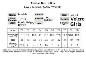 Tableau des tailles détaillé pour sandales enfant avec cuir PU, semelle gomme et scratch