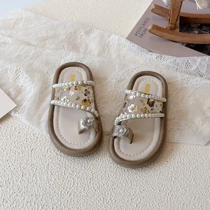 Sandales filles à fleurs pailletées avec perles et design d'anneau d'orteil doré