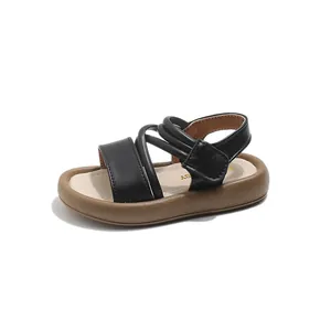 Fashionable girls' black summer sandals with thick brown soles and cross-strap design