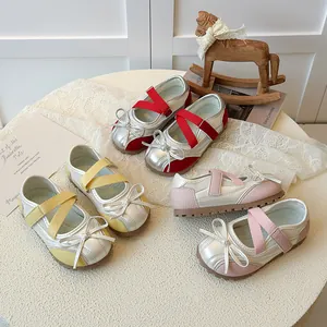 Girls Mary Jane Princess Shoes Bowknot Contrast Color Metallic PU Leather Casual Walking Flat Shoes For Children Toddlers