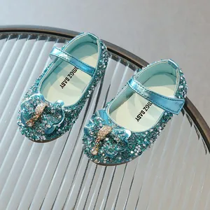 Sparkly blue sequin princess shoes for girls with rhinestone bow and soft sole