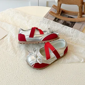Kids silver and red Mary Jane sneakers with bow tie and non-slip rubber soles