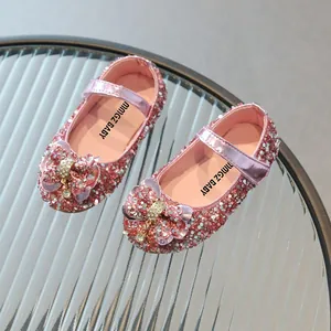 Pink sequin girls princess Mary Jane shoes with rhinestone bow and sparkling finish