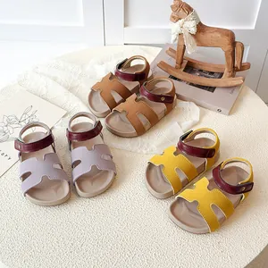 Girls Summer Hollow H Design Sandals Kids PU Leather Open Toe Beach Shoes Soft Flat Princess Sandals With Magic Tape Strap