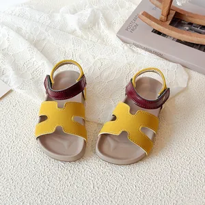 Kids minimalist cutout open-toe sandals in yellow and burgundy leather finish