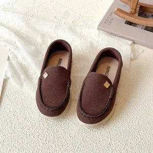British style kids dark brown suede loafers with metal buckle and soft rubber sole