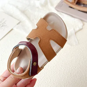 Kids open toe leather sandals in brown and burgundy with H-cut design for summer