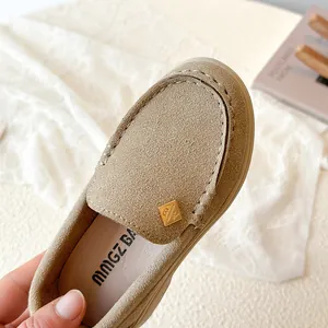 British style kids loafers in khaki suede with soft soles and gold buckle detail