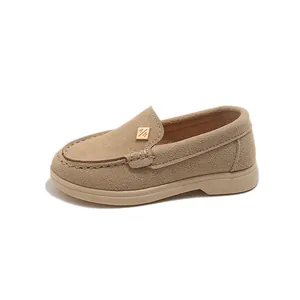 British style kids loafers in tan suede with gold metal buckle and rubber sole
