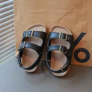 Sandales en liège noires pour enfants avec trois brides réglables et boucles bronze