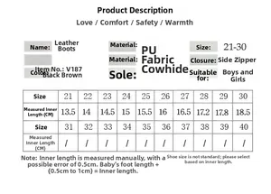Detailed size chart for children's Martin boots with measurements for sizes 21 to 30