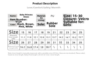 Guide des tailles pour chaussures de princesse bébé en cuir PU et semelles souples du 15 au 30