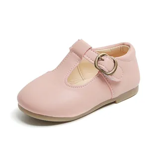 Chaussures Mary Jane en cuir rose pour fillettes avec bride en T et semelle souple